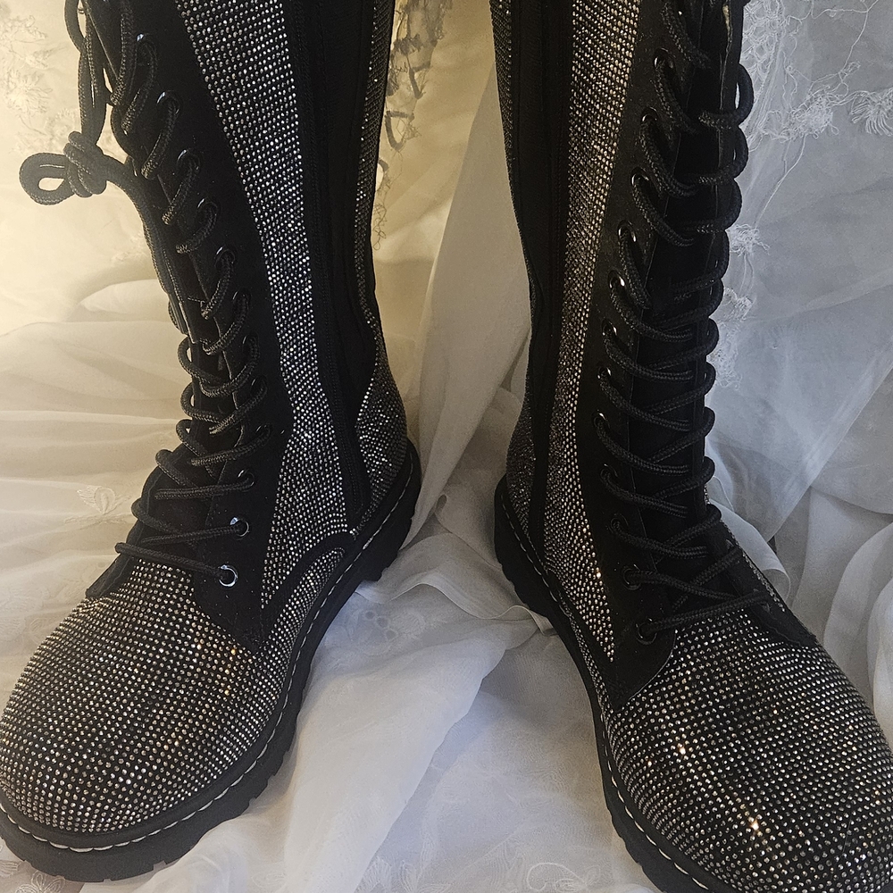 Women's Black Rhinestone Lace-Up Combat Boots - Picture 3 of 10